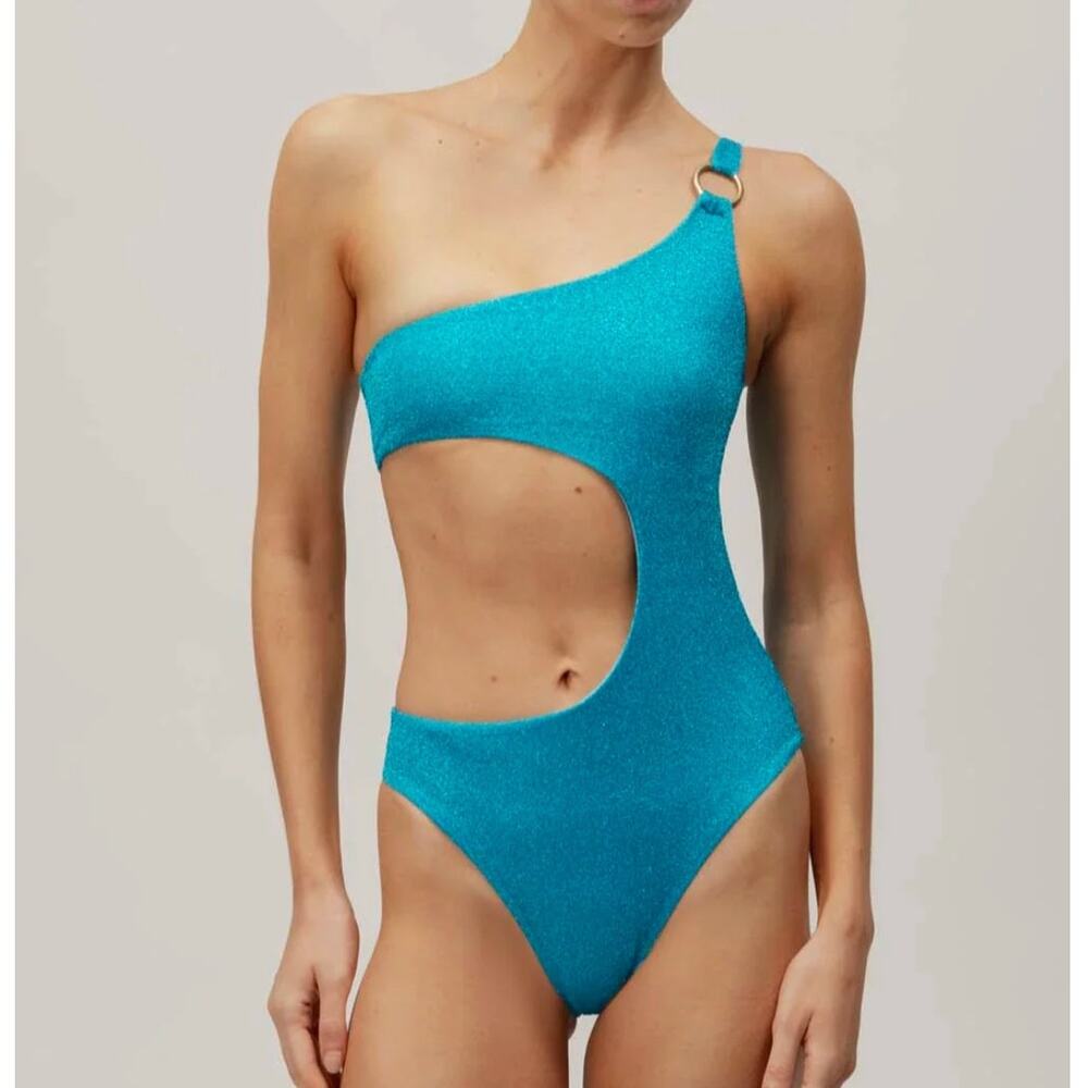 Baobab Tamboril‎ One Piece Swimsuit Juno Blue Glitter One Shoulder Cutout Sz S